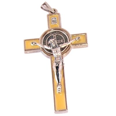 Rosary Supplies - Metal Crosses & Crucifixes St. Benedict Rosary crucifix with yellow enamel - Extra Large - Pewter tone g.