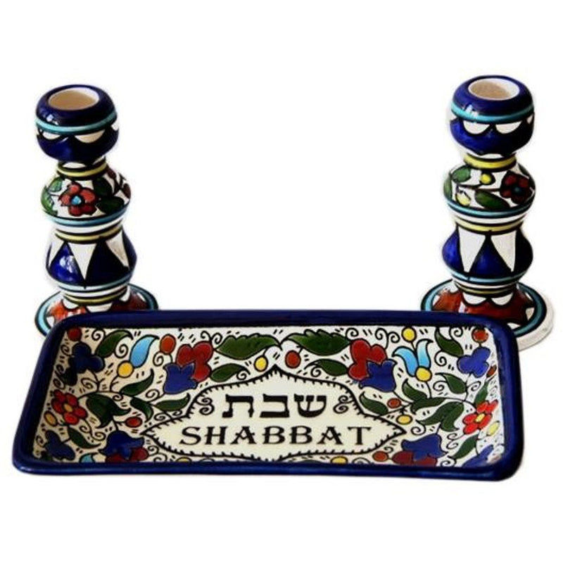 Holy Land Market Shabbat Candlestick Set - Colorful Ceramic Candlesticks with Matching Plate for Shabbat and Holidays