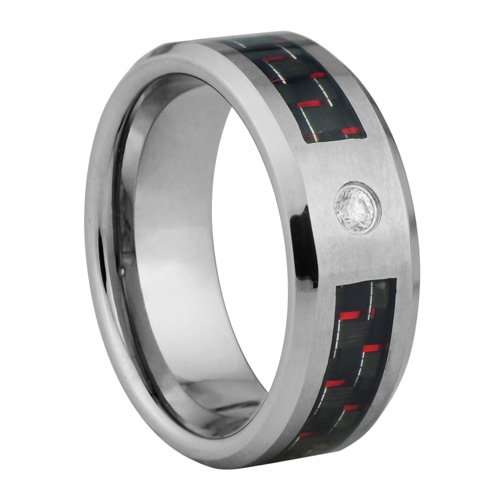 Anillo de tungsteno con incrustación de fibra roja y negra y piedra CZ - 8mm de ancho