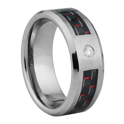 Tungsten ring with red and black Fiber inlay and CZ stone - 8mm wide
