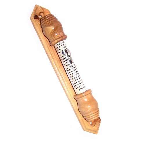 Holy Land Market Silver Shin with Sealed Glass in Olive Wood Mezuzah (19cm or 7.5 inches) fit up to 4 Inch Klaf