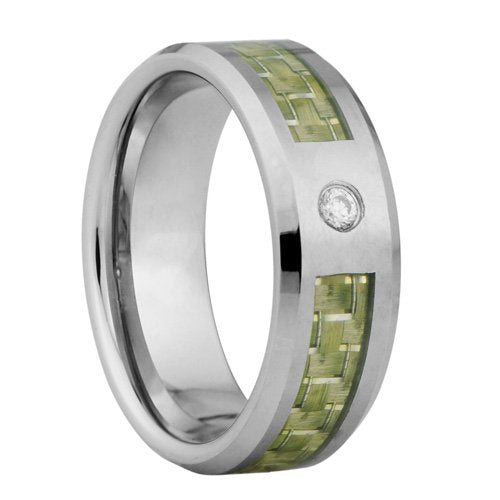 Tungsten ring with green Fiber inlay and CZ stone - 8mm wide
