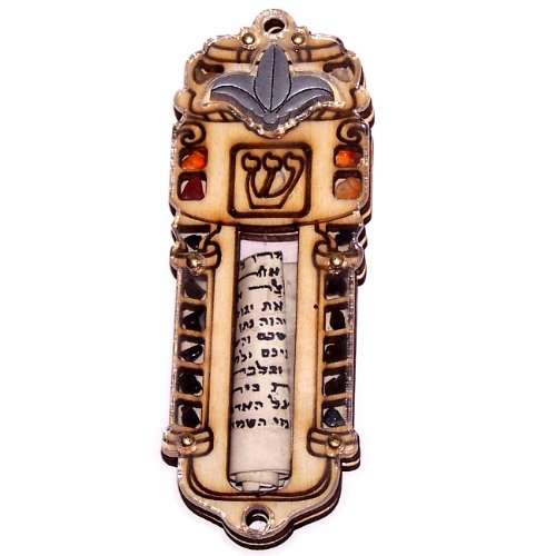 Mezuzá de diseño de la Tierra Santa hecha a mano con piedras preciosas de Israel - Mezuzá de madera de 3 capas (10 cm o 4 pulgadas)