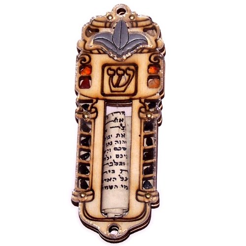 Holy Land Market Torah Design Hand Crafted Mezuzah with Israel Gemstones - 3 Layers Wooden Mezuzah (10cm or 4 inches)