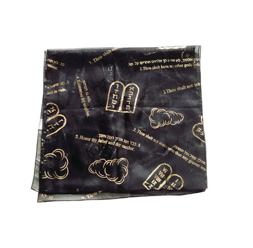 Black polyester prayer scarf with gold 10 Commandments print, folded #color_black