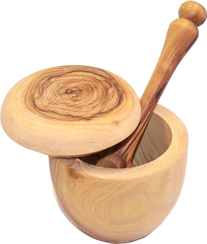 Salero de madera de olivo con juego de cuchara larga de madera de olivo (salero de 3 pulgadas y cuchara de 5 pulgadas) - Marca Asfour Outlet