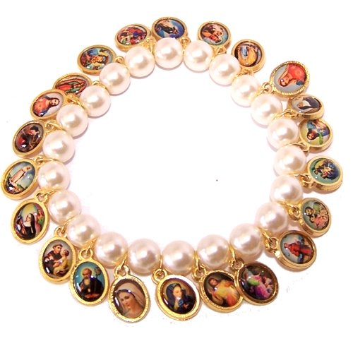 Pearl beads elastic bracelet with Saints icons (6cm or 2.36" is diameter inside circle when not expanded)