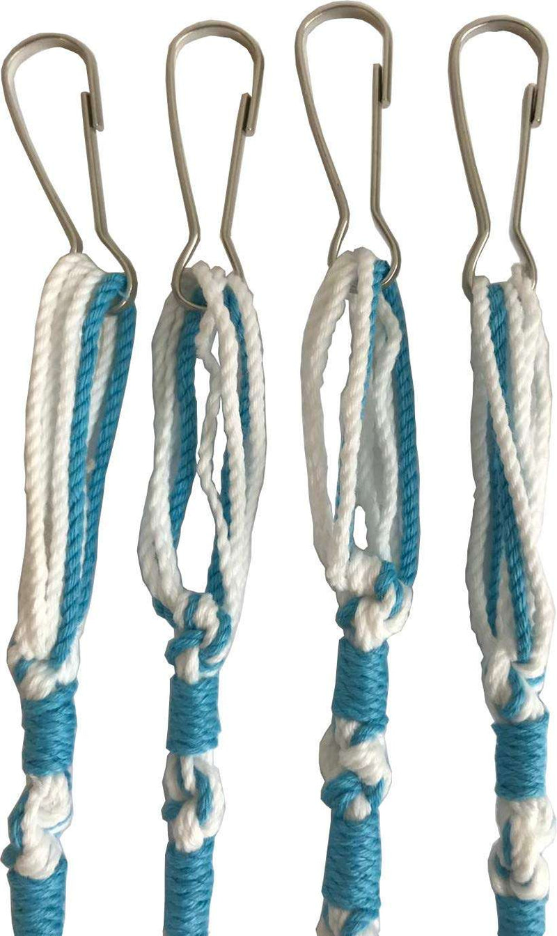 Four white tzitzit cords with sky blue thread, hook and knot detail