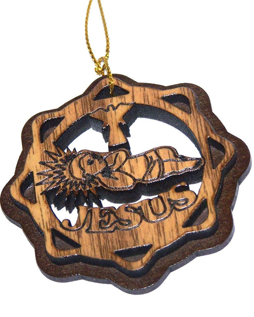 Adorno de Jesús niño en cuna o pesebre de dos capas de madera de caoba con madera de olivo tallado por láser - Madera de olivo (6.5 cm o 2.6 pulgadas con certificado) y cuerda dorada