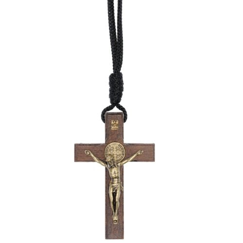 St. Benedict Wooden Crucifix pendant w/ CSSMI medal - thick (7cm or 2.8 inches) - (pendant cord is 2 x 30cm in length)