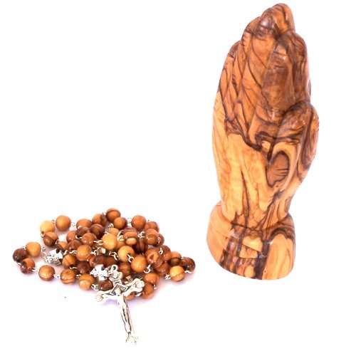Rosario de madera de olivo - Con bolsa de terciopelo roja y manos en oración de madera de olivo mediana