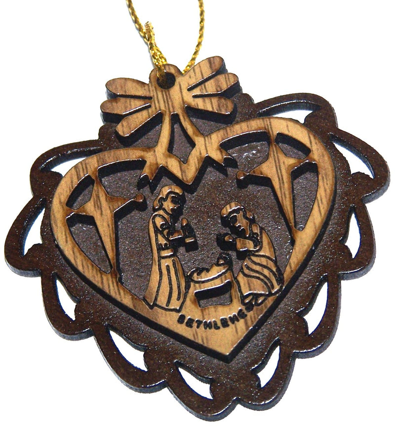 Two Layers Mahogany with Olive Wood Holy Family Nativity Scene Ornament Gift Carved by Laser - Olive Wood - Carved Inside Heart (5.5 cm or 2.2 inch with Certificate) and Gold String