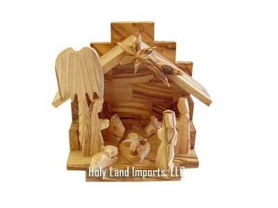 Holy Land Market Nativity Set - Olive Wood one piece Christmas small set (4.5 Inches high)