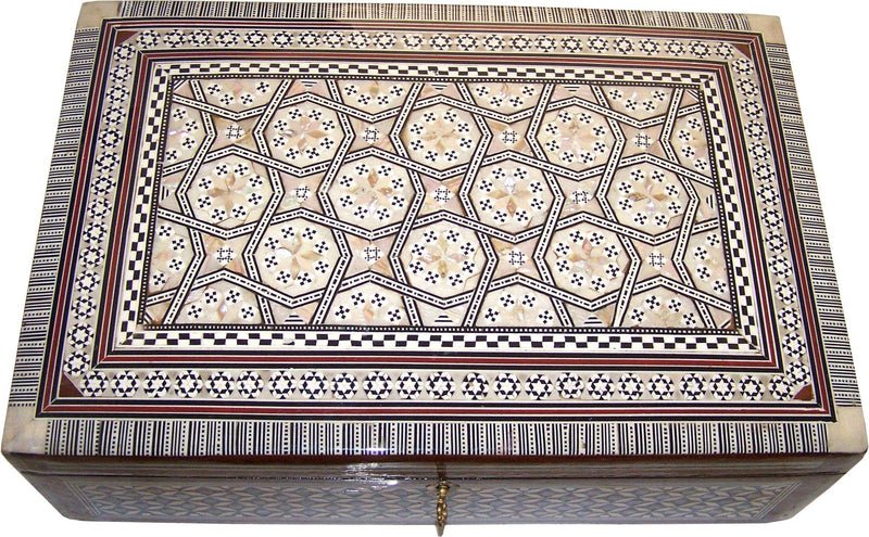 Caja decorativa del Mercado de Tierra Santa - Madera incrustada con madreperla - Grande - 14 x 10 x 4 pulgadas