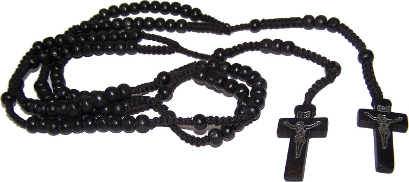 Pair of Black Wooden Rosaries with Velvet Bags - Colored Wooden Beads Rosary Necklaces with Jesus Imprint Cross