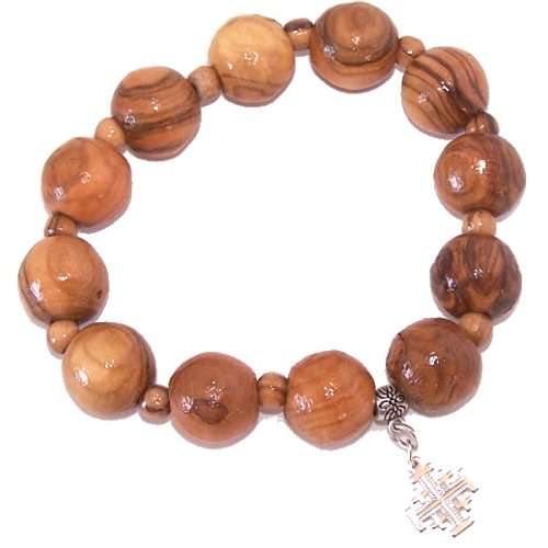 Pulsera religiosa elástica de Madera de Olivo con Cruz de Jerusalén en tono plateado (Grande) *** Empacada como regalo con certificado especial de autenticidad y origen y una tarjeta de regalo de la Oración del Señor GRATIS