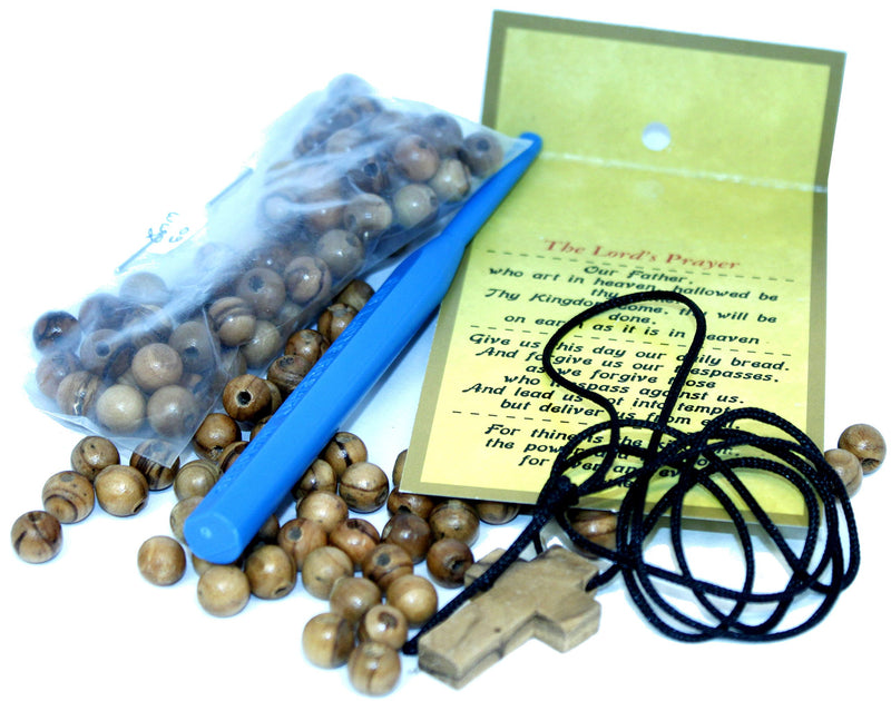 Knotting Threading tool with 60 olive wood beads (8mm) and an Olive wood Cross package