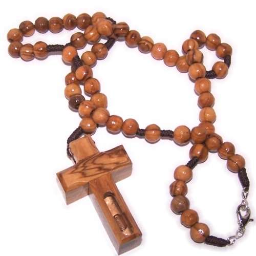 Collar de rosario de madera de olivo con cruz especial que contiene agua de Jordán - Con certificado (13 pulgadas de largo)