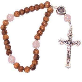 Rosario anglicano de madera de olivo con cuarzo rosa (17.5 cm o 6.9" de largo)