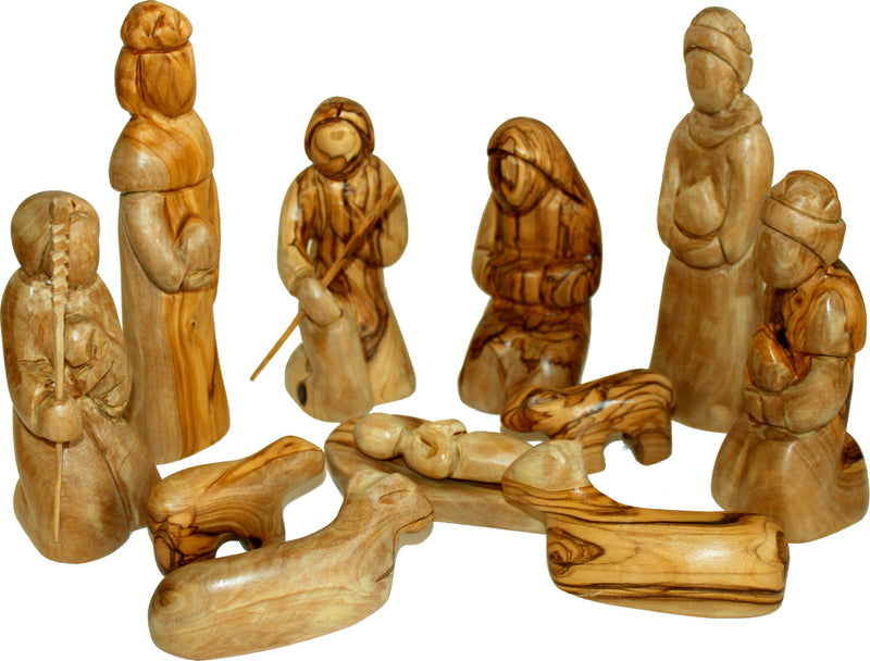 Holy Land Market Blind or Modern Faceless Intricate Design Olive Wood Nativity Set from Bethlehem