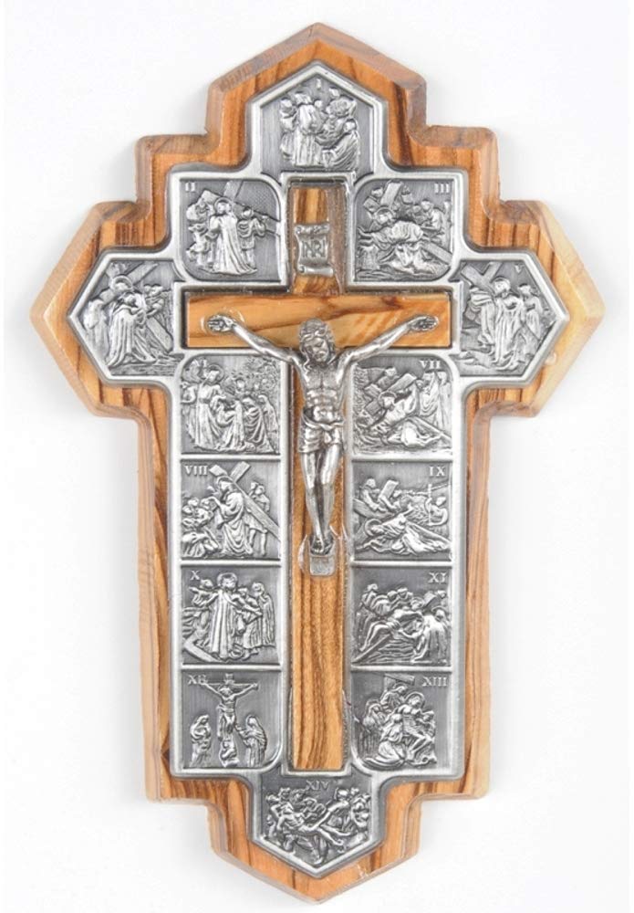 Crucifijo de madera de olivo - ícono que muestra las 14 estaciones del Vía Crucis grabadas en metal (14x9x1 cm o 5.5x3.5x.4 pulgadas)