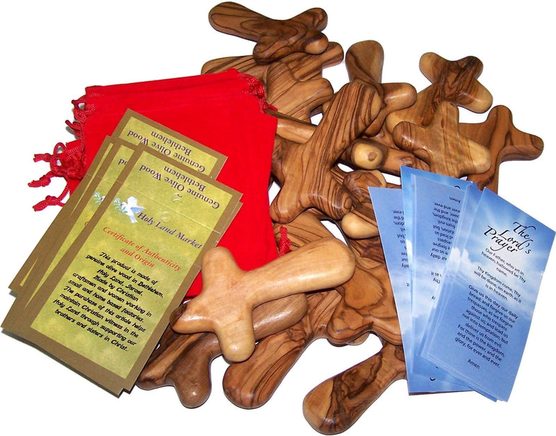 25 Olive Wood Caring/Holding Crosses with Gift Bags