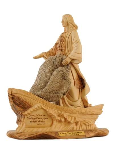 Mercado de Tierra Santa Cristo el pescador - Mateo 4:19 Estatua de madera de olivo - Calidad de museo (30x25cm o 12 pulgadas de alto)