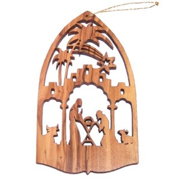 Holy Land Market Nativity Scene Olive Wood Christmas Ornament - Laser carving ( 2.75 x 1.75 Inches )
