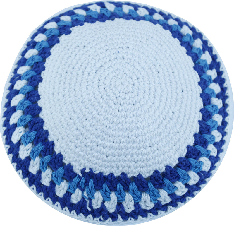 Holy Land Market White/Light Blue, 17cm DMC 100% Knitted Cotton Kippah Torah Chabad Yarmulke