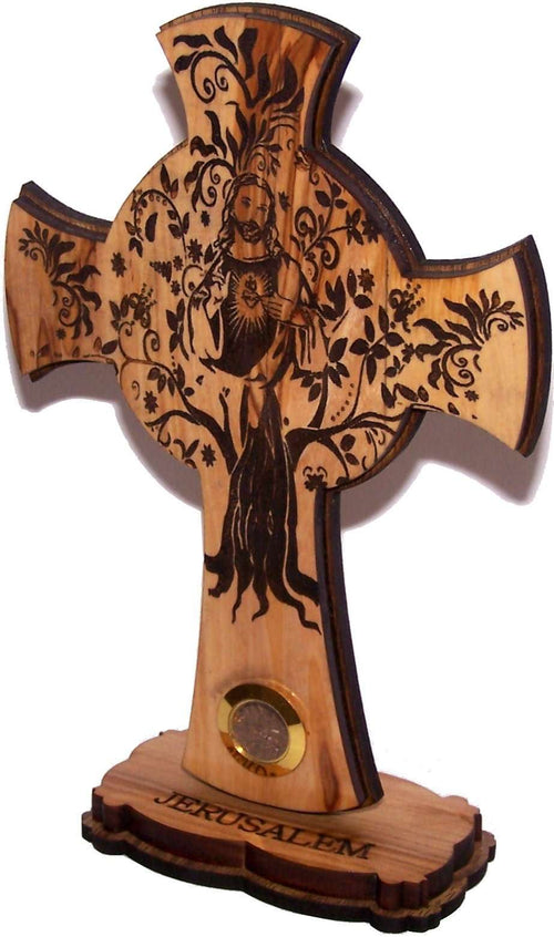 Cruz del Sagrado Corazón de Jesús del Mercado de Tierra Santa con muestra de cruz de madera de olivo en capas tallada por láser - De pie (12 cm o 5 pulgadas) Pequeño/Certificado