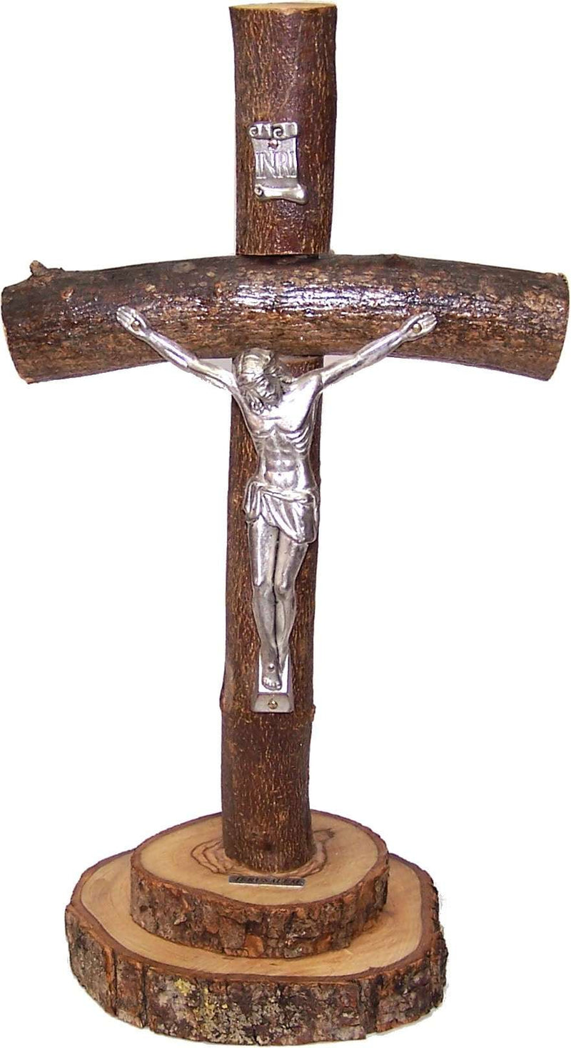 Mesa del Mercado de Tierra Santa Cruz/Crucifijo natural de madera de olivo con corteza dejada tal cual