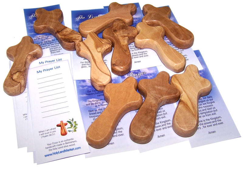 Holy Land Market 10 Small Olive Wood Pocket/Holding Crosses - 2.75 Inches each with Certificate from Bethlehem
