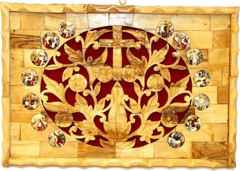 Holy Land Market - Large Stations of The Cross Catholic Olive Wood Plaque (18 x 9.5 Inches)
