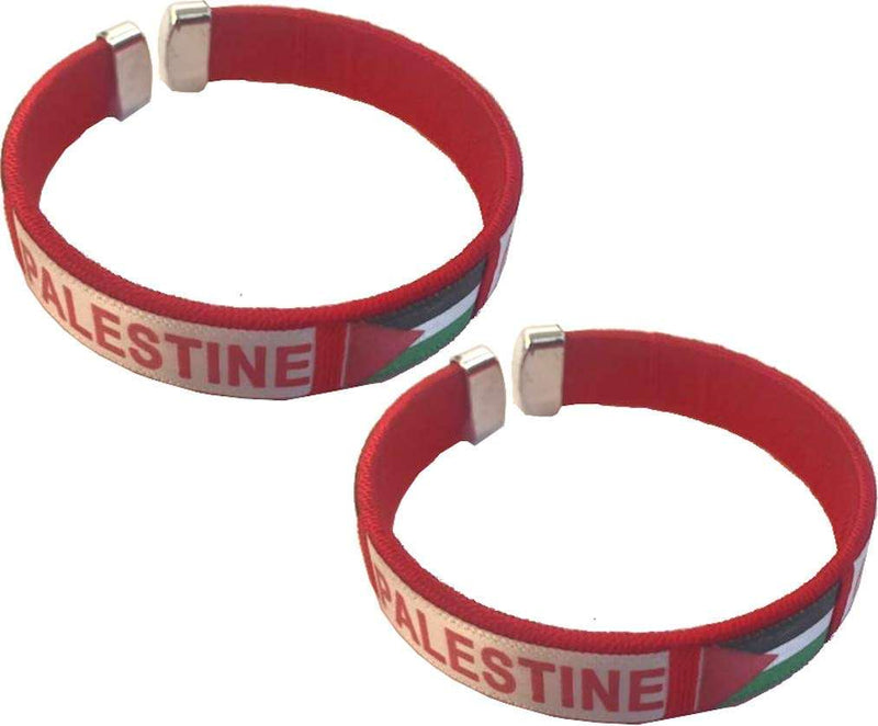 Pair of red fabric cuff wristbands with red PALESTINE text and flag