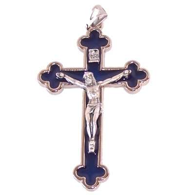 Crucifijo de rosario con esmalte azul - Extra Grande - Estaño grado A (7.5 cm-3 inc...