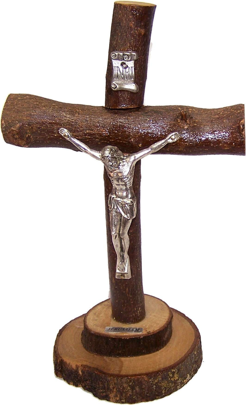 Mesa del Mercado de Tierra Santa Cruz/Crucifijo natural de madera de olivo con corteza dejada tal cual
