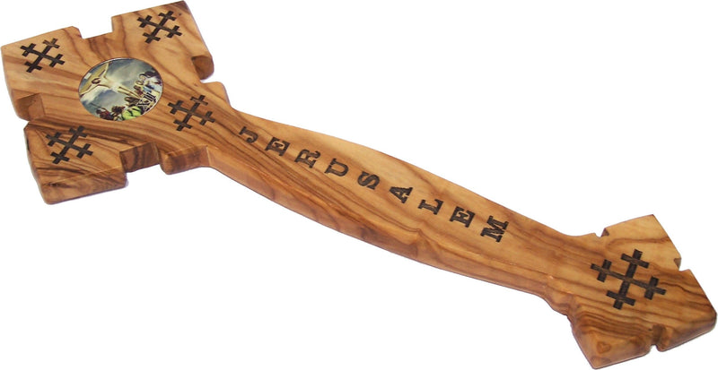 Holy Land Market Blessing Hand or Priest Hand Carved Olive Wood Eastern Cross with Two Icons Model I - 9 Inches