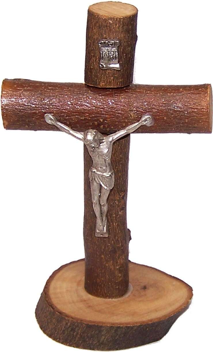 Mesa del Mercado de Tierra Santa Cruz/Crucifijo natural de madera de olivo con corteza dejada tal cual