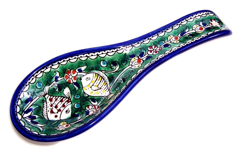 Armenian hand painted cooking Spoon Rest/Ladle Holder - Large with deep Round Cup part - Asfour Outlet Trademark