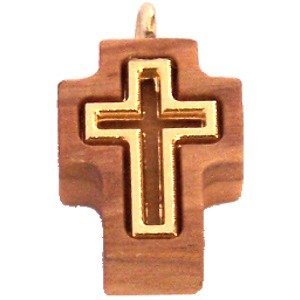 Olive wood Cross with Embedded gold plated Cross - Latin (1.7cm - 0.67") - 5mm thick