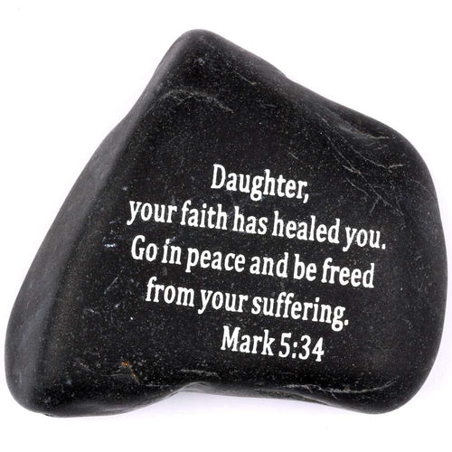 Engraved Scripture Black Stone X, Mark 5:34, 2 to 3 Inch Diameter