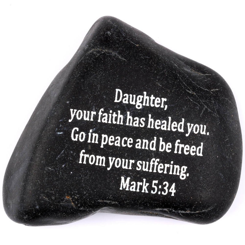 Engraved Inspirational Scripture Biblical Black Stones Collection - Stone X : Mark 5:34 :" Daughter, Your Faith has Healed You. Go in Peace and be Freed from Your Suffering.