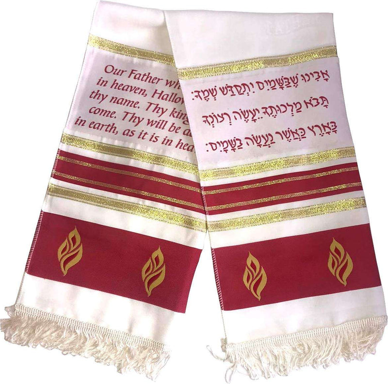Red and gold striped prayer scarf with Lord's Prayer and flame emblems