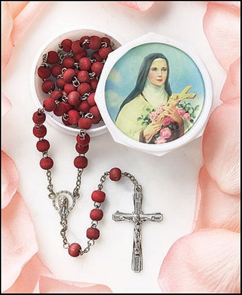 Religious Gifts Rose Scented Carved Wood Prayer Bead 19 Inch Rosary with Saint St Theresa Case