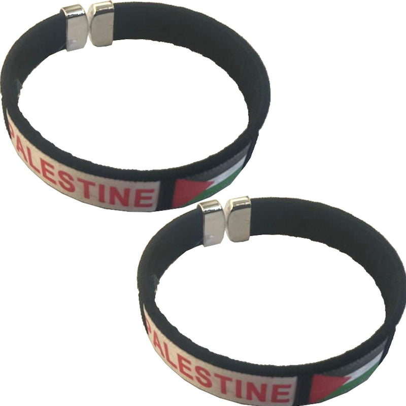 Pair of black fabric cuff wristbands with red PALESTINE text and flag