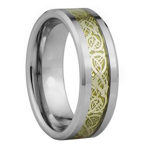 Anillo de boda plano de tungsteno de 8 mm con ajuste cómodo y diseño de dragón celta con incrustaciones de oro
