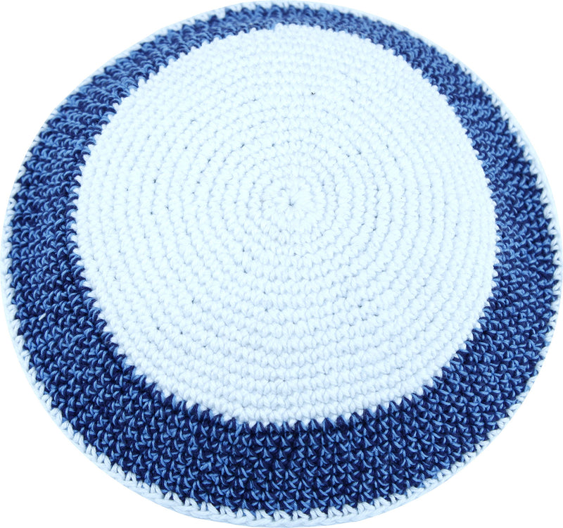 White/Sky and Dark Blue 17cm DMC 100% Knitted Cotton Kippah Yarmulke Skullcap