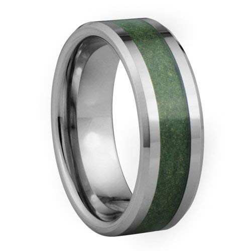 Tungsten ring with green leather inlay - 8mm wide