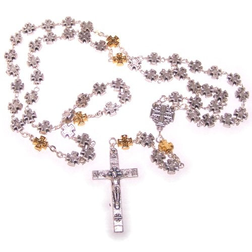 Silver Tone and Gold Tone beads Rosary Necklace with Pewter Crucifix