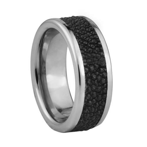 Incrustación de piel de pez en un anillo de tungsteno plano - Alto pulido - 8 mm de ancho